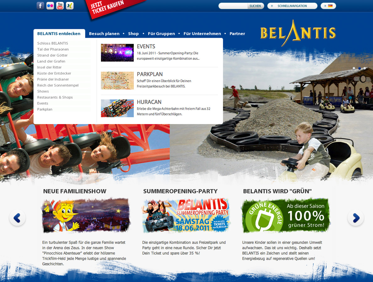 Screenshot von der Menüführung auf der Belantis Website
