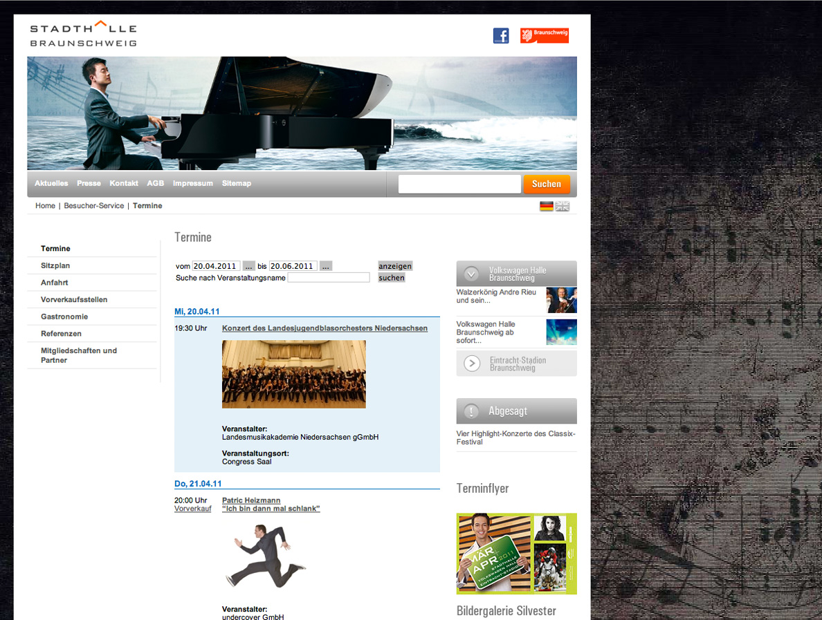 Screenshot einer Unterseite von der Homepage der Stadthalle Braunschweig