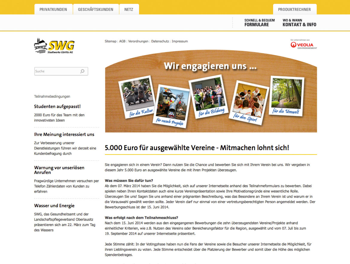 Screenshot einer Unterseite von der Stadtwerke Görlitz Homepage
