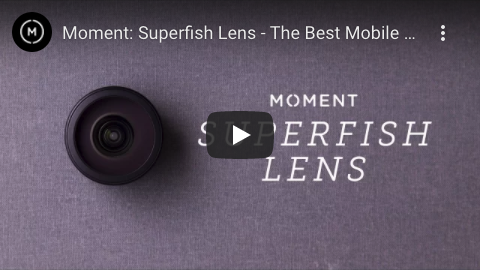 Ein Video-Thumbnail mit einem dunkelfarbigen Superfish Lens auf einem violetten Stoffhintergrund. Der Text auf dem Stoff lautet „MOMENT SUPERFISH LENS“ und in der Mitte ist das Symbol der Wiedergabetaste sichtbar. Der Videotitel oben lautet: „Moment: Superfish Lens – Das beste Handy …“