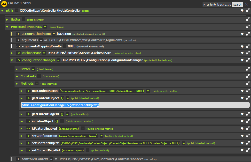 Ein Screenshot einer Debugging-Schnittstelle, die eine Klassendatei für einen Controller anzeigt. Die hervorgehobene Codezeile lautet: „$this->configurationManager->getContentObject();“.