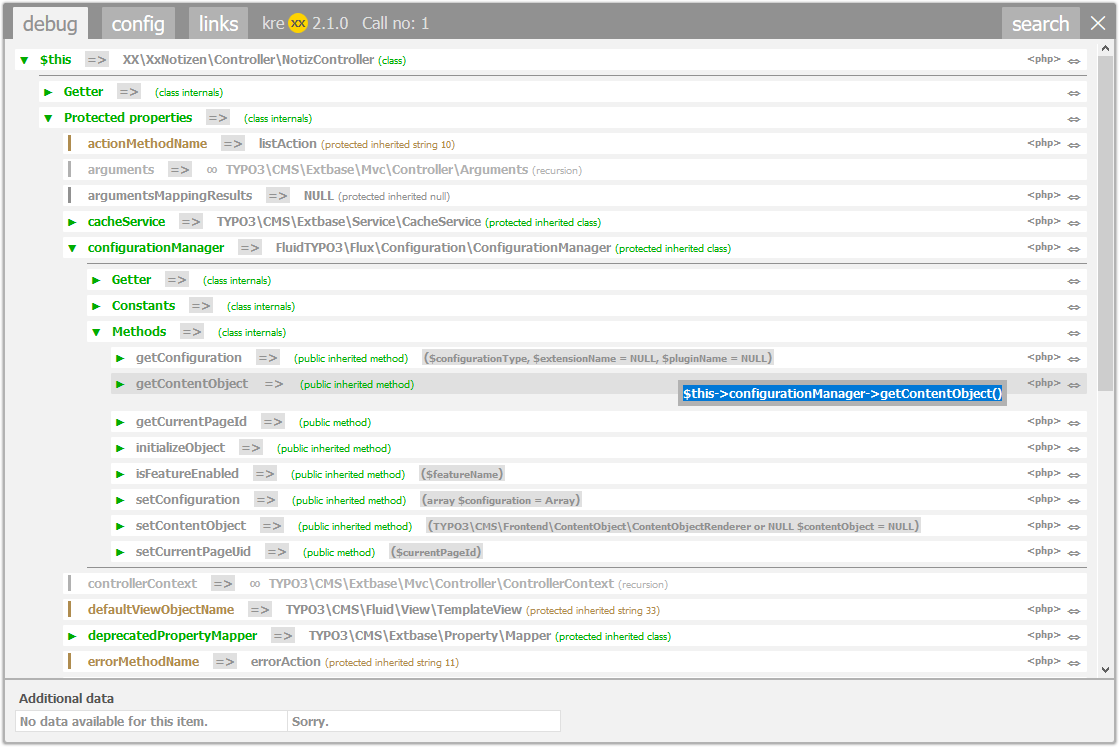 Ein Screenshot einer Debugging-Schnittstelle, die Details für eine Klasse „WxlitController“ in einem Projekt zeigt. Es listet verschiedene Eigenschaften und Methoden mit ihren Namen, Typen und Zugriffsmodifikatoren auf. Eine hervorgehobene Zeile zeigt einen Methodenaufruf für „$this->configurationManager->getContentObject()“.