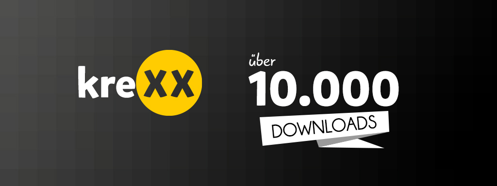 Dunkler Farbverlaufshintergrund mit dem Text „kreXX“ in Weiß mit einem gelben Doppel-X und „über 10.000 DOWNLOADS“ in Weiß zur Feier von über 10.000 Downloads.