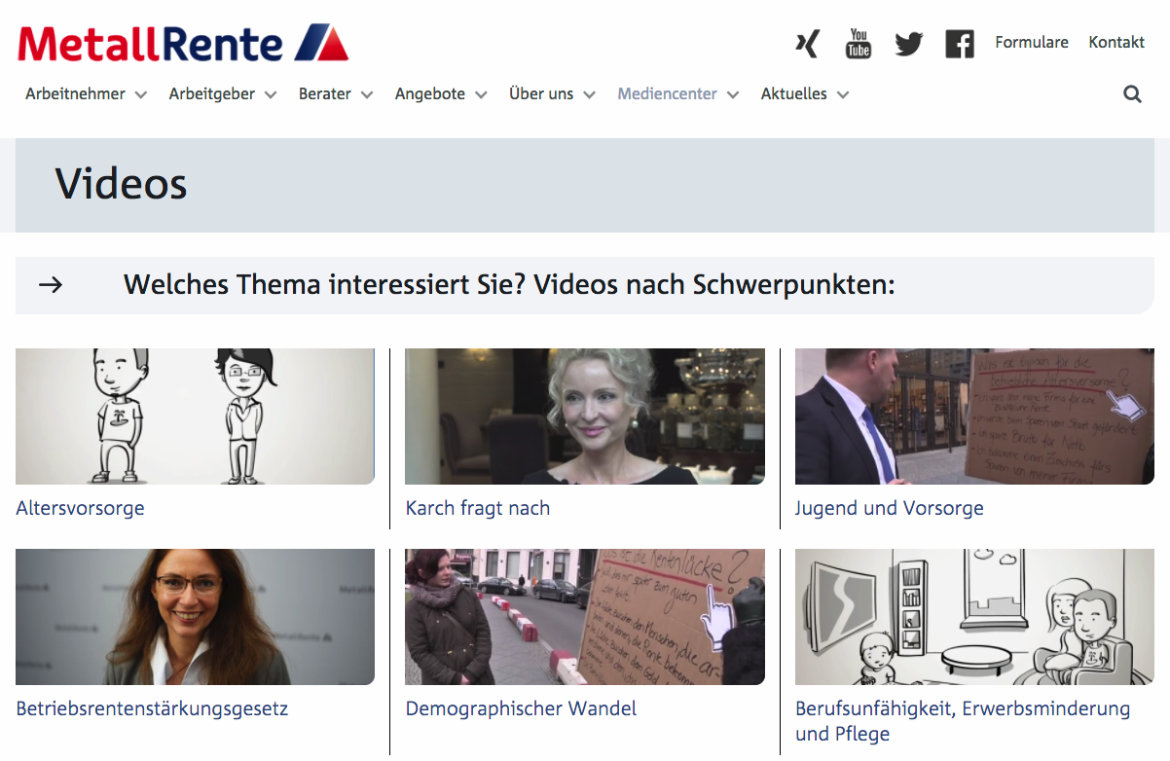 Screenshot der Übersichtsseite von Videos auf der Website der Metallrente