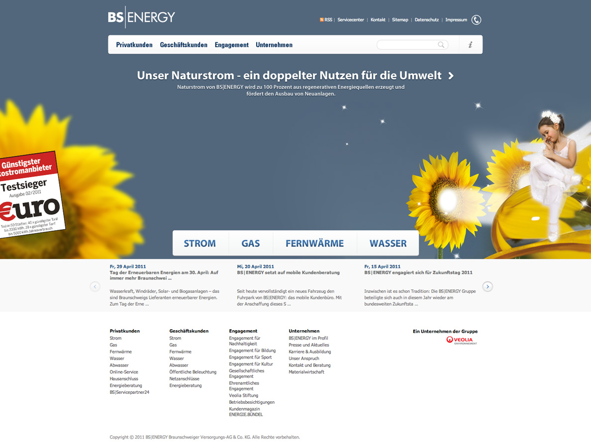 Screenshot der Startseite von der neuen Internetpräsenz des Braunschweiger Energieversorgungsunternehmens BS|ENERGY