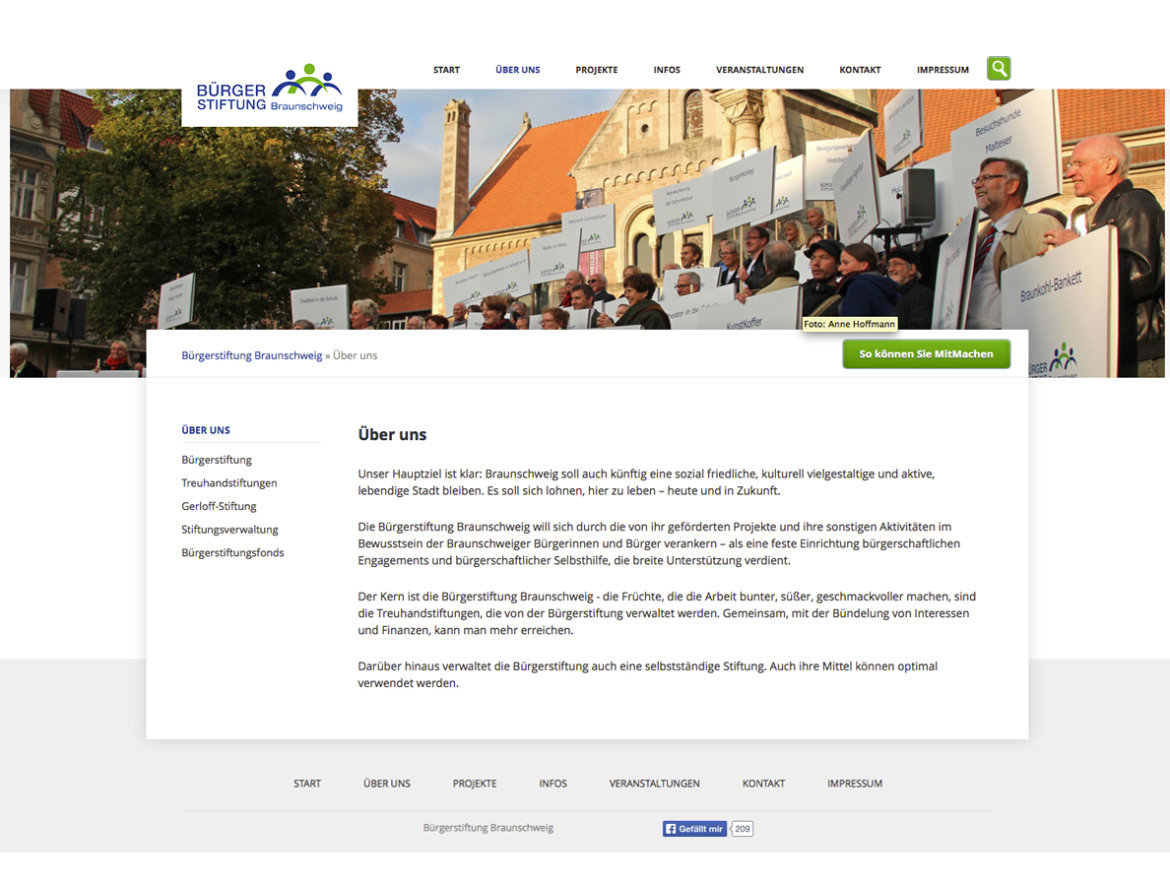 Screenshot einer Unterseite des Internetauftritts der Bürgerstiftung Braunschweig