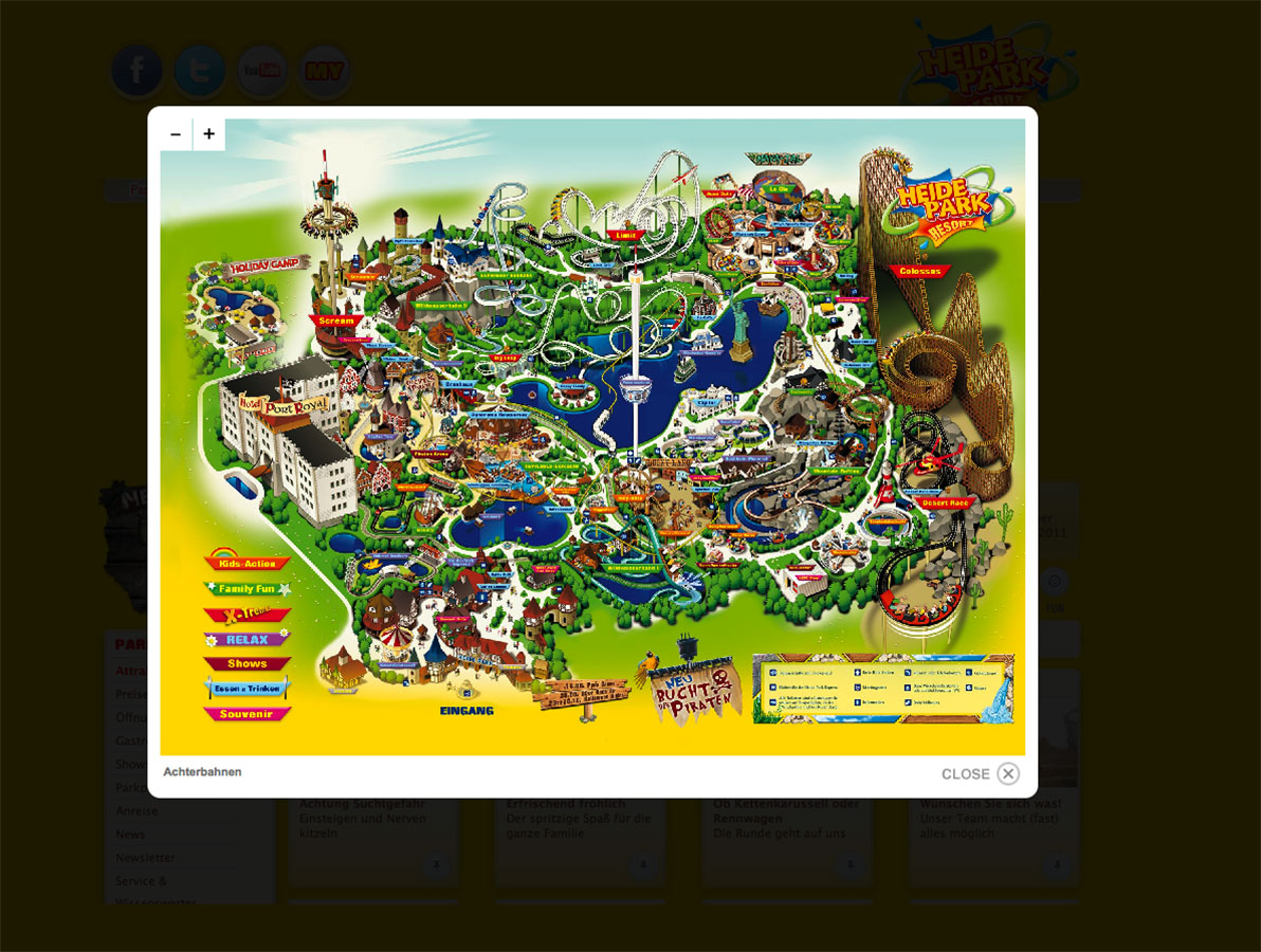 Screenshot einer auf der überarbeiteten Heide Park Resort Internetpräsenz befindlichen Übersichtskarte