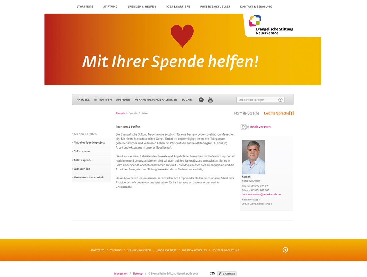 Screenshot einer Unterseite vom Internetauftritt der Evangelischen Stiftung Neuerkerode