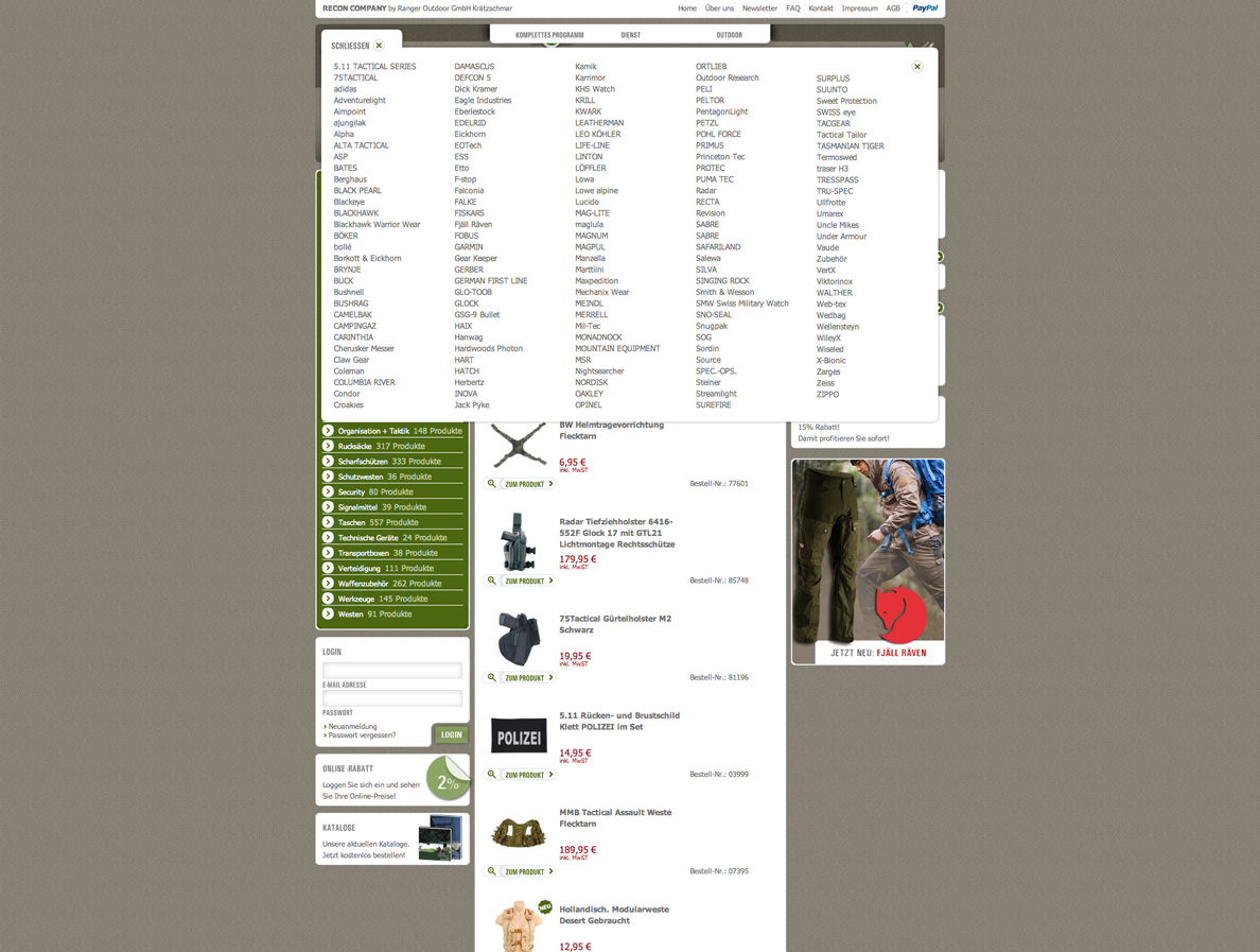 Screenshot der Menüführung des Onlineshops für die RECON Company