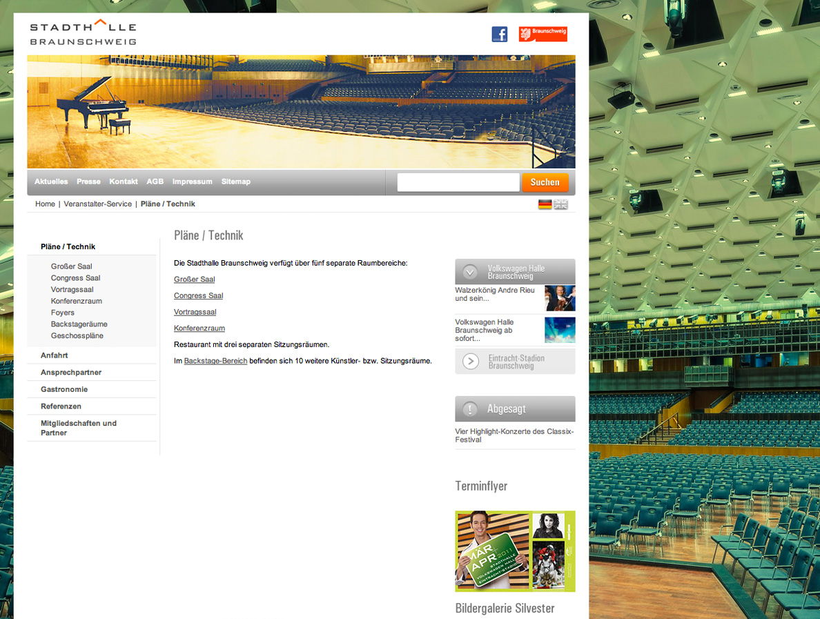 Screenshot einer Unterseite von der Homepage der Stadthalle Braunschweig