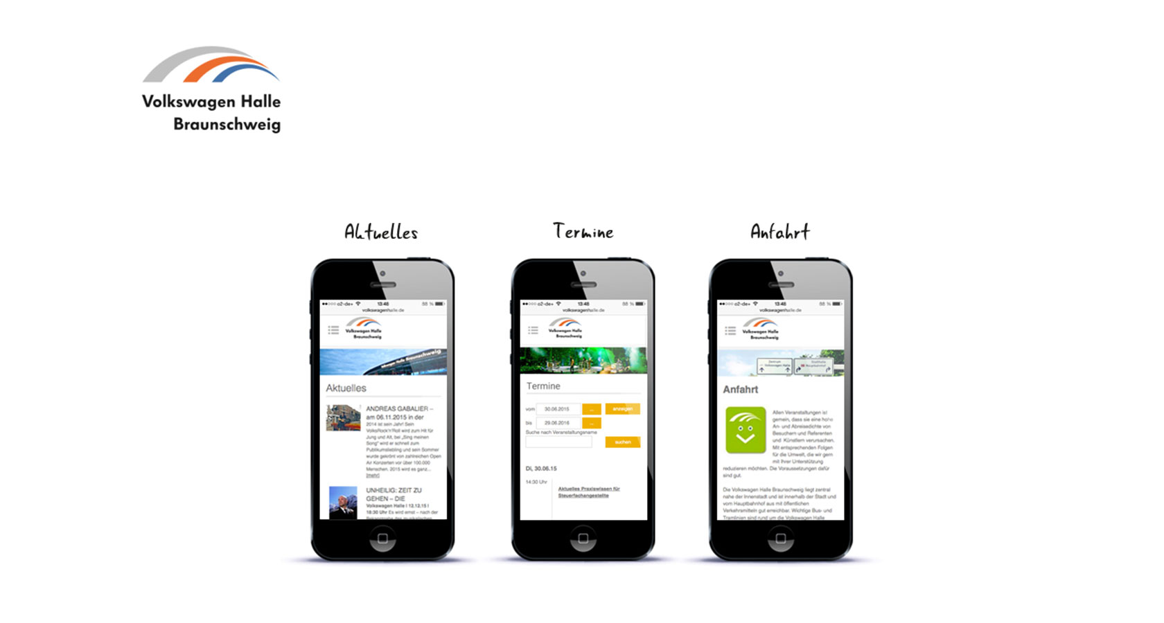 Darstellung von drei mobilen Seiten der Volkswagen Halle auf dem iPhone