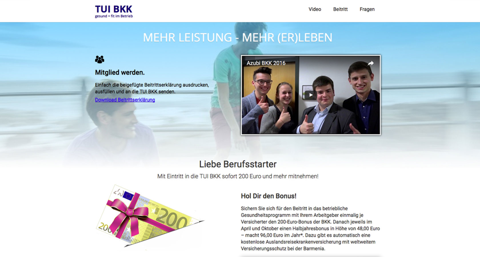 Screenshot der „Landingpage für Berufsstarter“ von TUI BKK