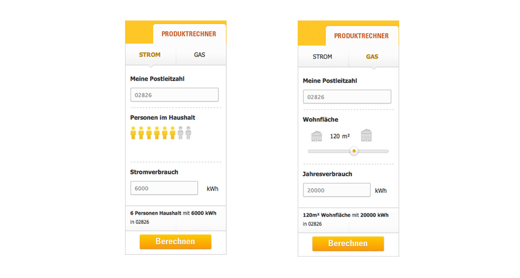 Zwei Screenshots vom für die Stadtwerke Görlitz realisierten Produktrechner