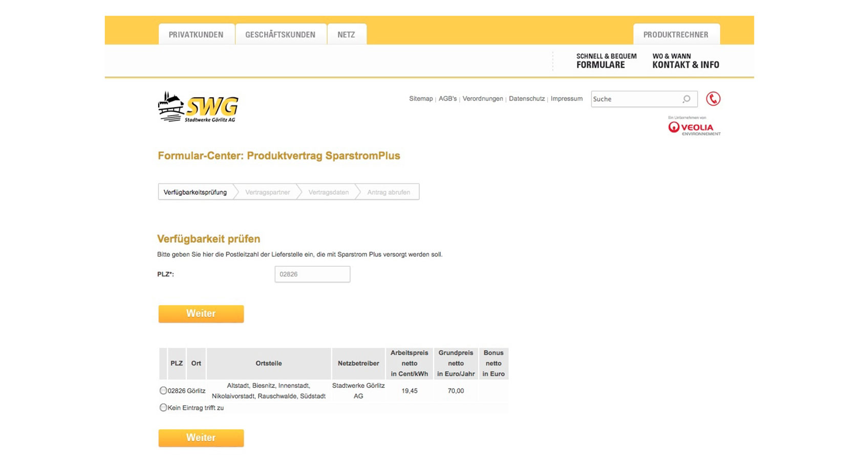 Screenshot vom Formularcenter für die Stadtwerke Görlitz