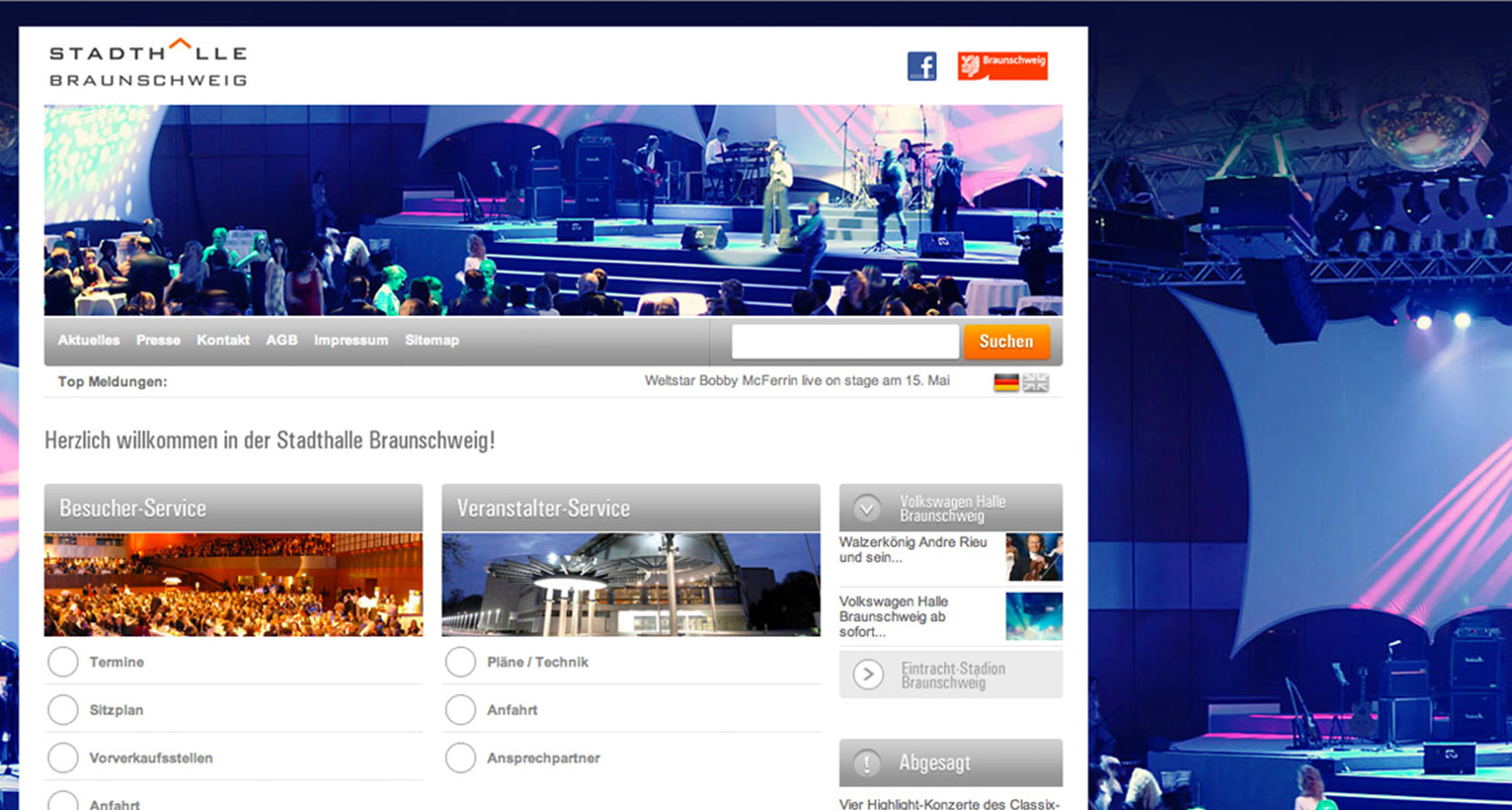 Screenshot der Startseite von der Homepage der Stadthalle Braunschweig