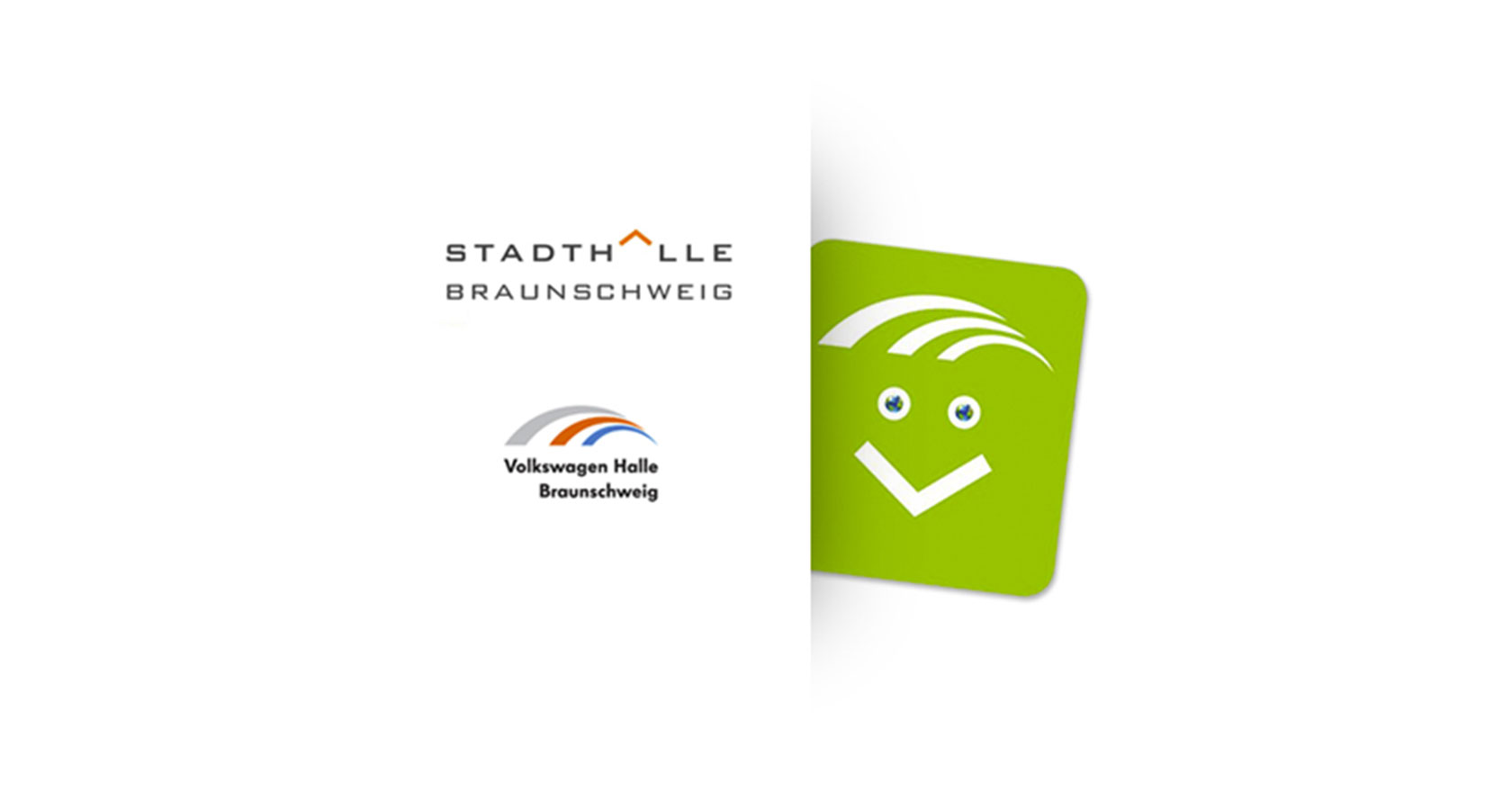 Darstellung von Logos der Stadthalle und Volkswagen Halle Braunschweig und des Maskottchens „Greeny“