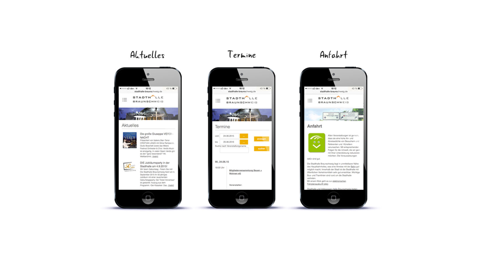 Darstellung von drei mobilen Seiten der Stadthalle Braunschweig auf dem iPhone