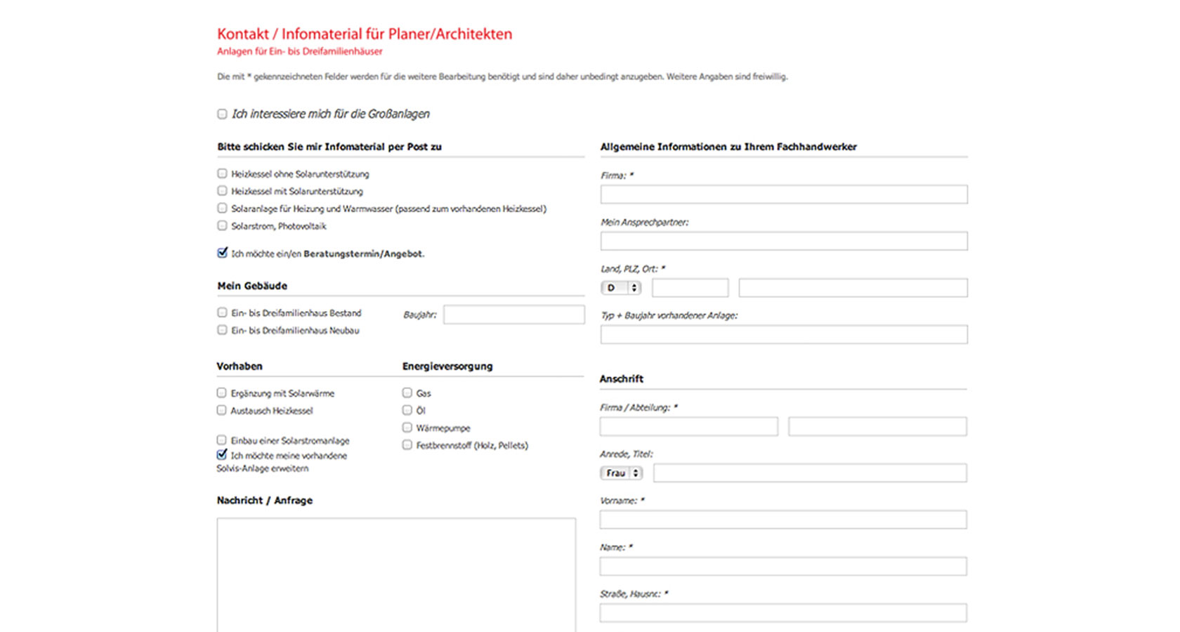 Screenshot vom Kontaktformular der Solvis Website