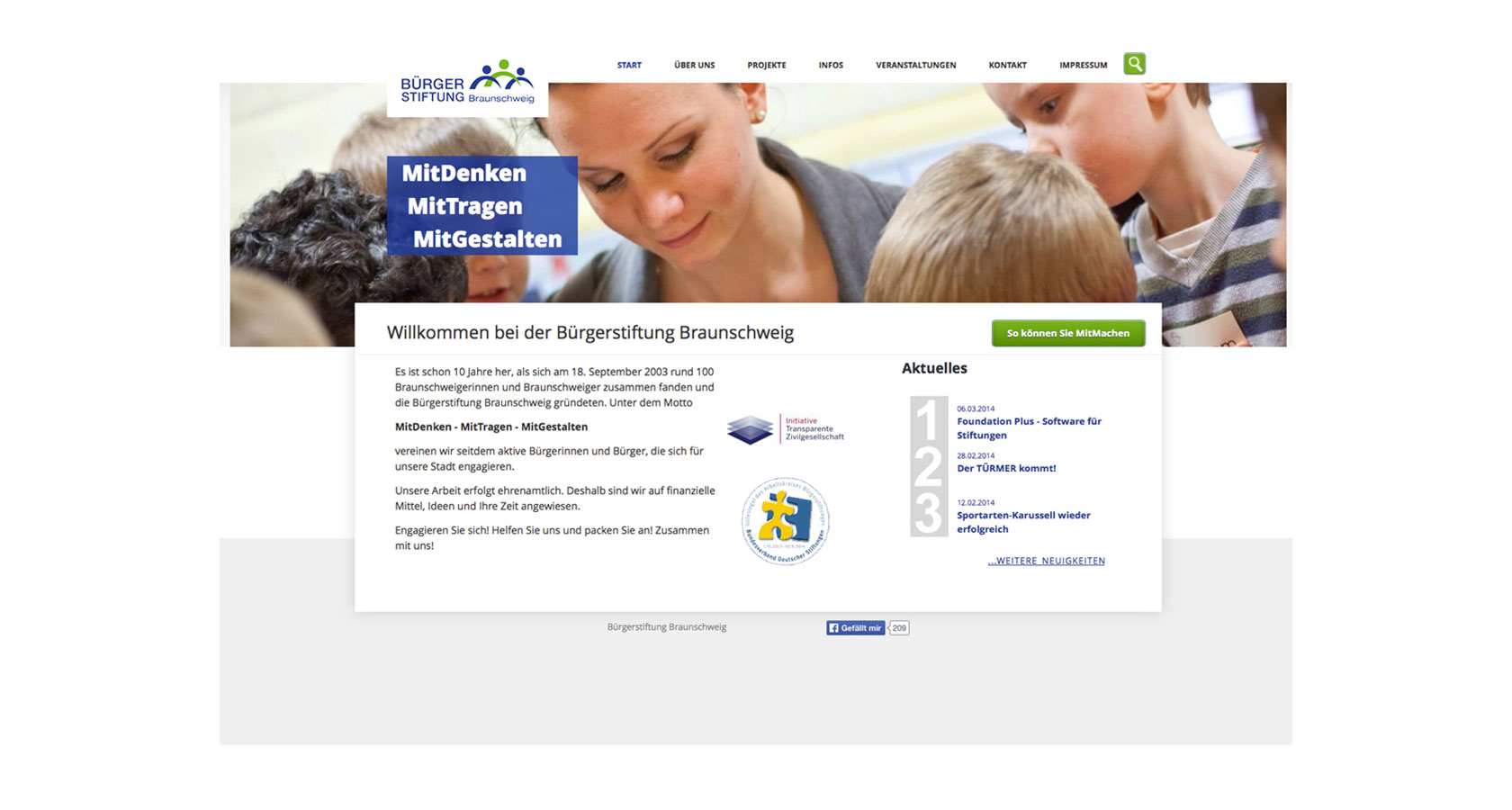 Screenshot der Startseite des Internetauftritts der Bürgerstiftung Braunschweig