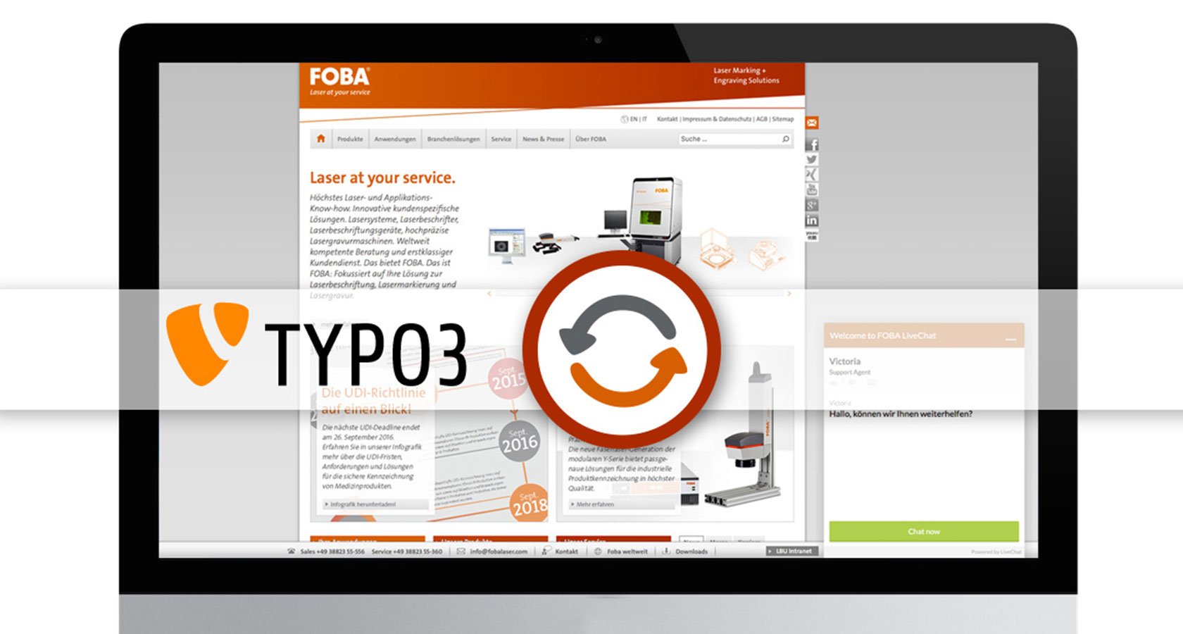 Bild eines iMac mit der Foba Homepage und ein Update Icon und TYPO3 Logo im Vordergrund