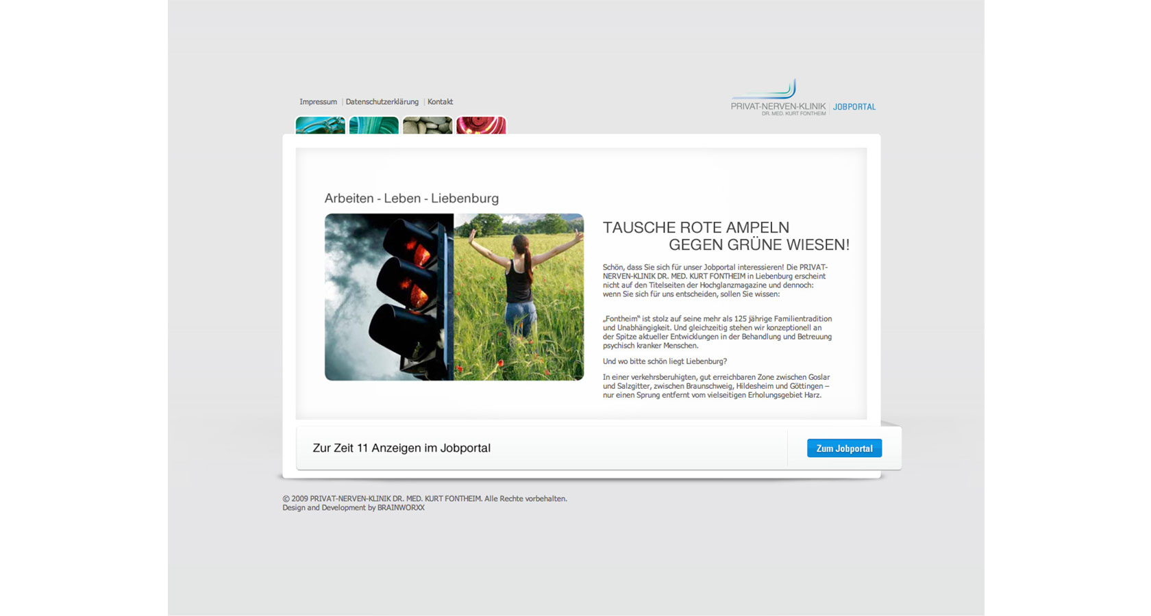 Screenshot der Startseite vom Jobportal der Liebenburger Fontheim-Klinik