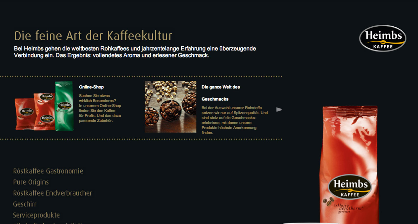 Screenshot der Startseite vom Braunschweiger Kaffeespezialisten Heimbs