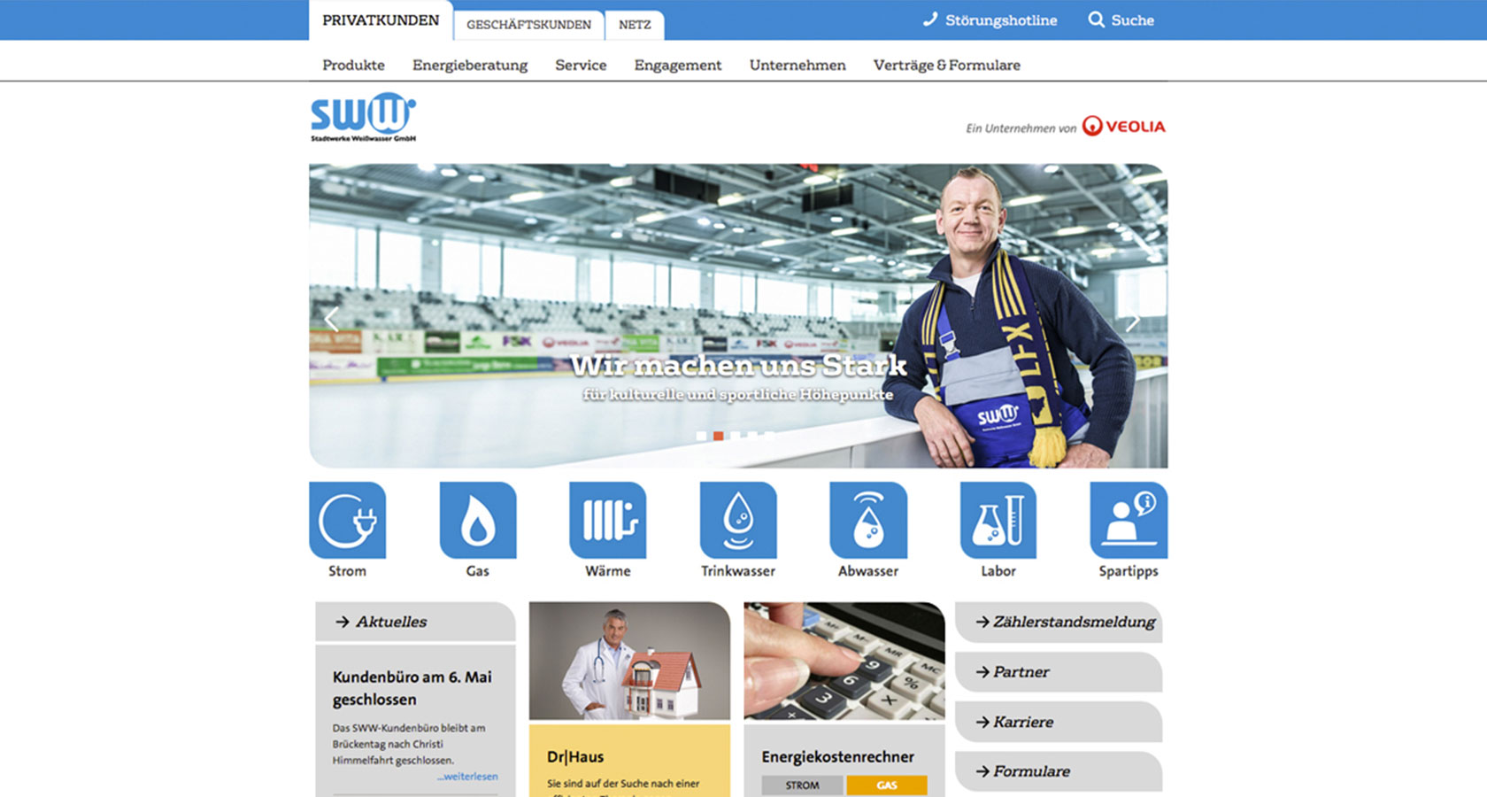 Screenshot der neuen Website für die Stadtwerke Weisswasser