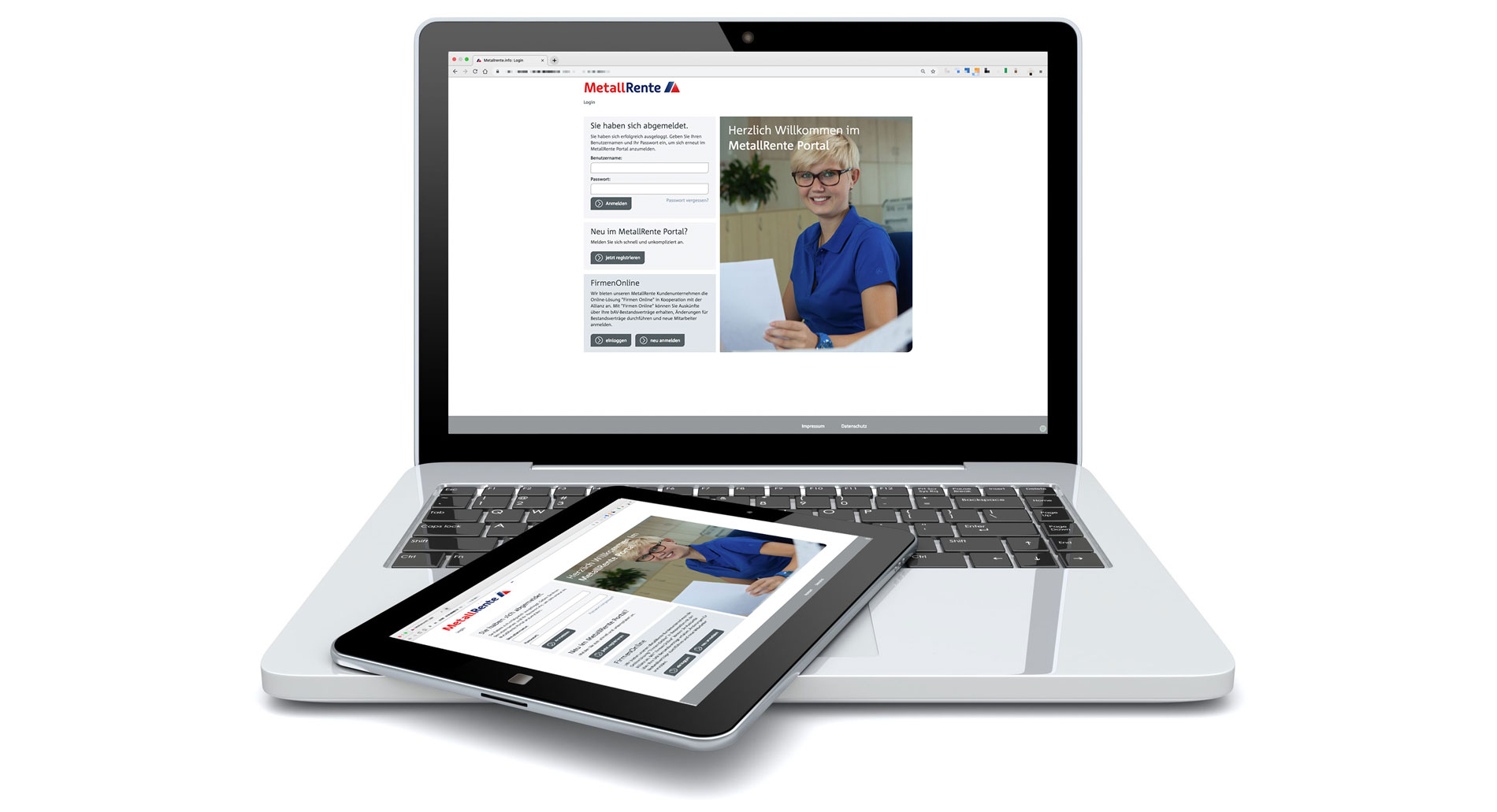 Bild eines Laptops mit der Homepage des Metallrente Web-to-Print-Services auf dem Bildschirm