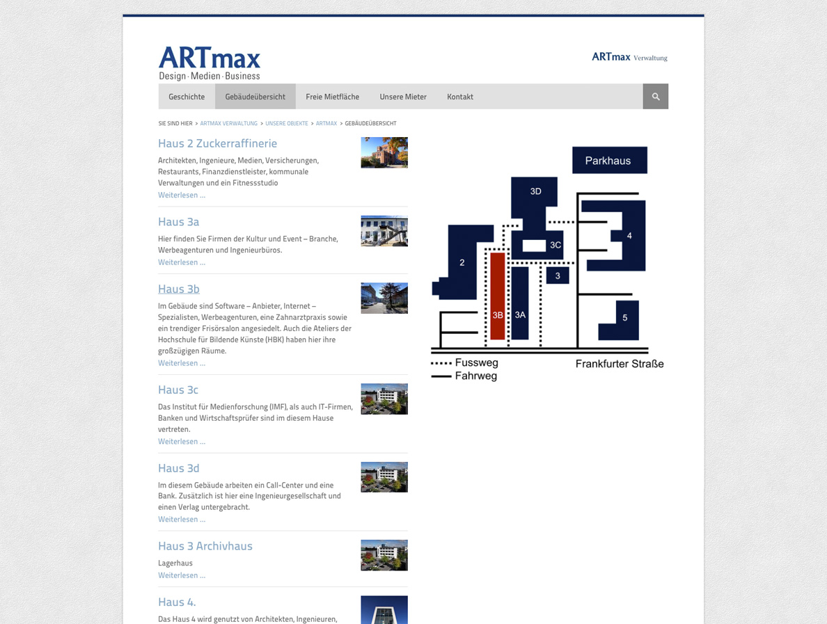 Screenshot 2 von der Startseite des Immobilienportals für die ARTmax Verwaltung