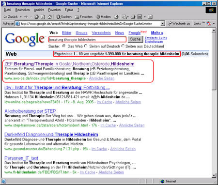 Screenshot Google Suchergebnisse