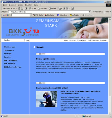 Screenshot 1 vom Relaunch der BKK TUI