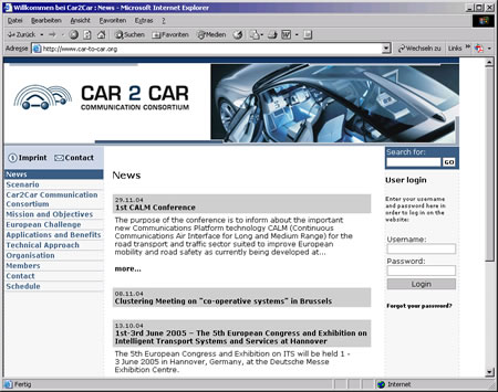 Screenshot Car-to-Car Communication Internetauftritt