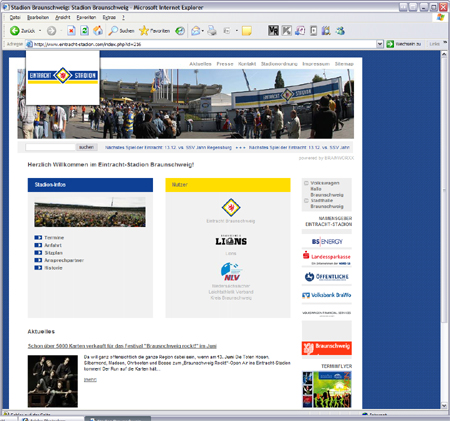 Screenshot der Website fürs Eintracht Stadion
