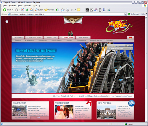 Screenshot der Tagen & Feiern-Website des Heide Parks