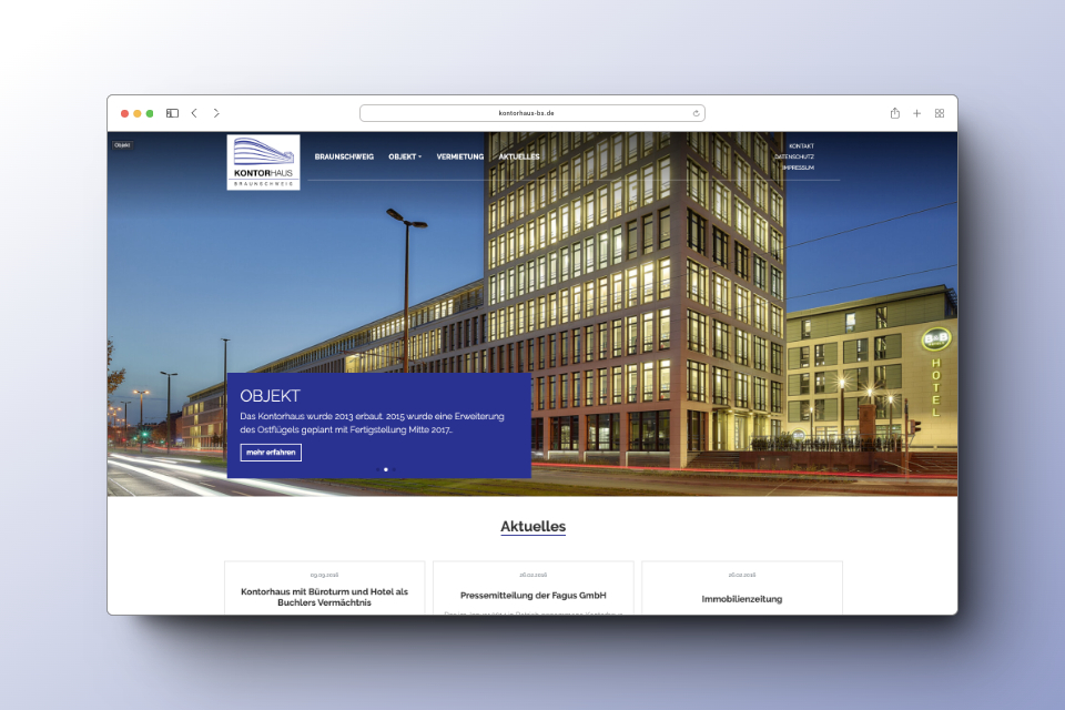 Screenshot der Startseite der Kontorhaus Website.
