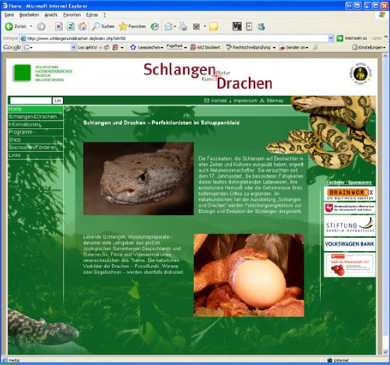 Screenshot Website „Schlangen und Drachen. Kunst und Natur“