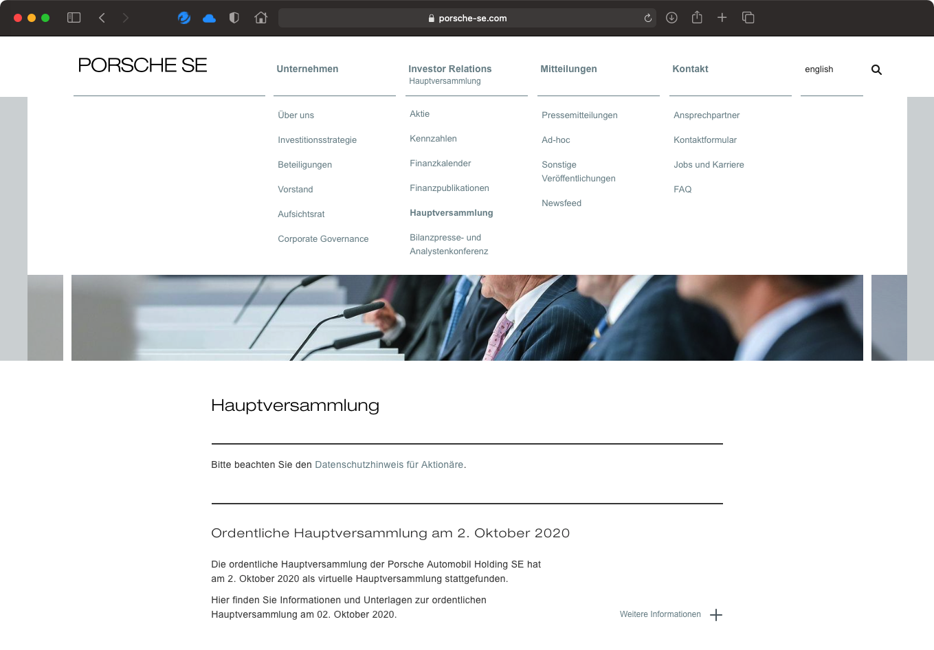 Screenshot des Webauftritts von Porsche SE