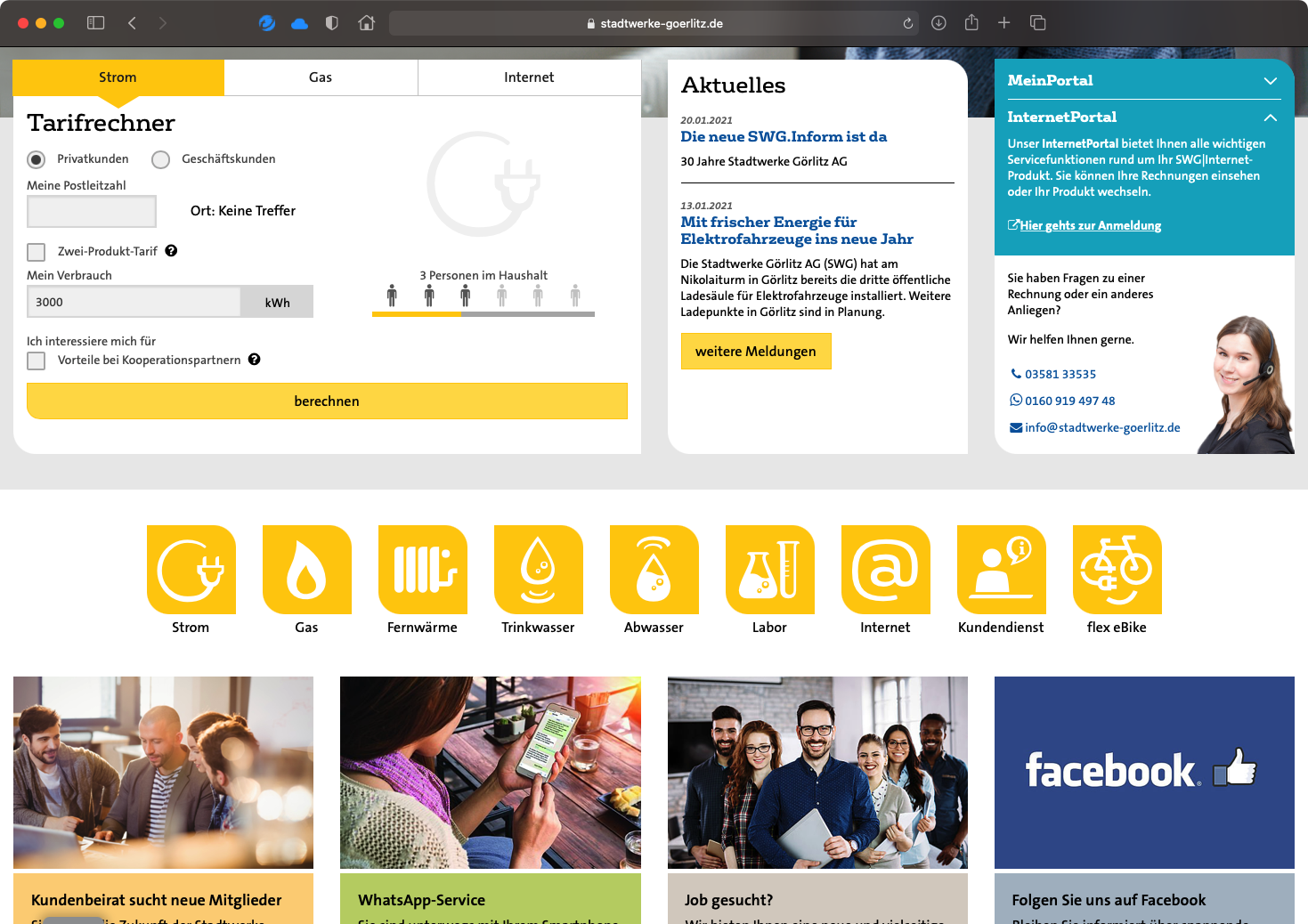 Screenshot der Startseite der Website der Stadtwerke-Görlitz mit einem Kostenrechner.