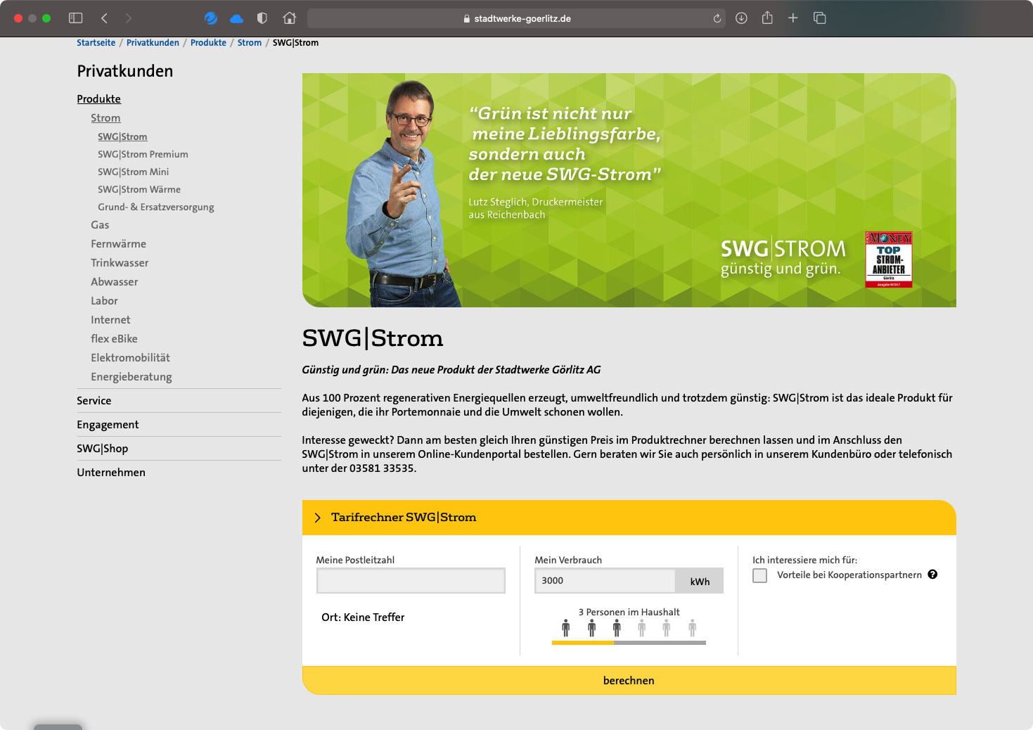 Screenshot einer Produktseite der Website der Stadtwerke-Görlitz.