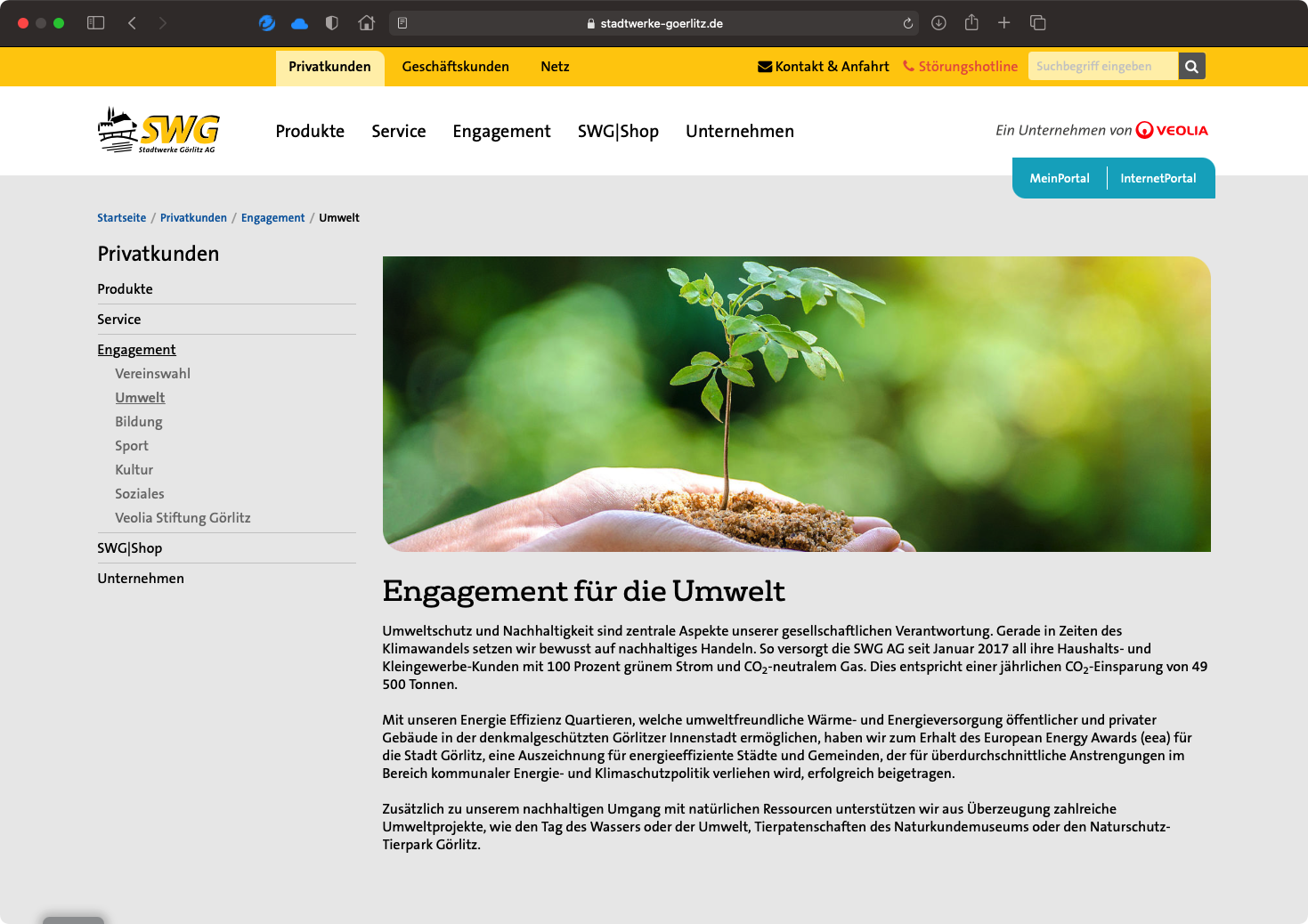 Screenshot einer Infoseite der Website der Stadtwerke-Görlitz.