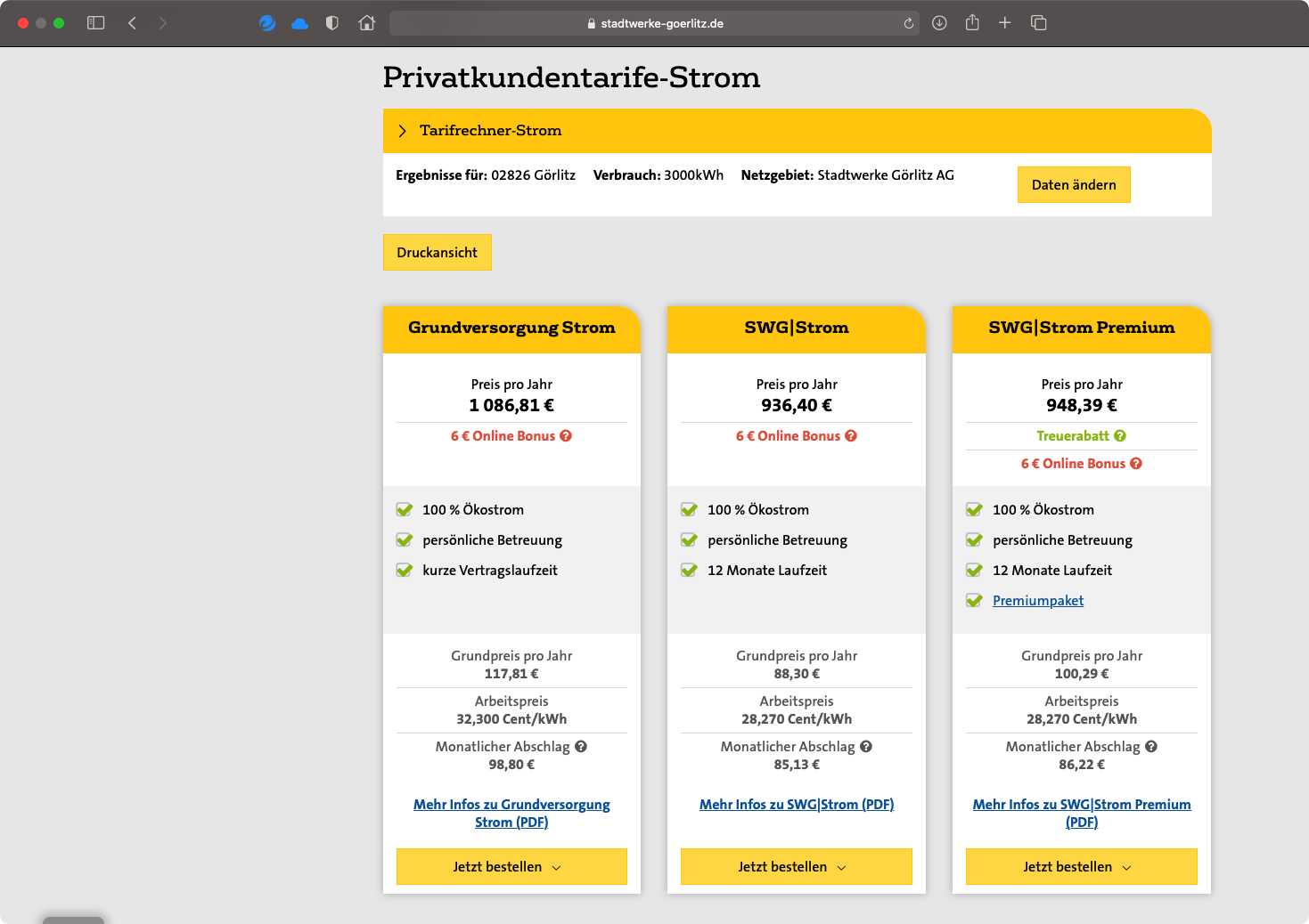 Ergebnisseite des Kostenrechners auf einer Unterseite des Internetauftritts der Stadtwerke Görlitz