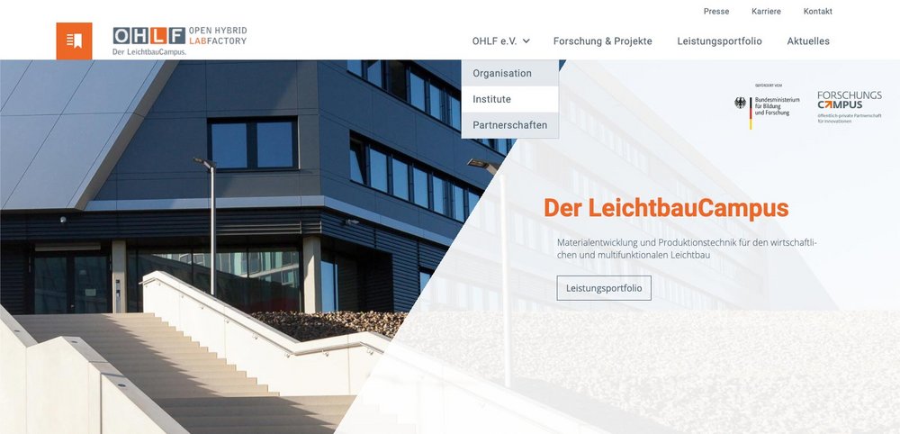 Screenshot der Startseite der Open Hybrid LabFactory