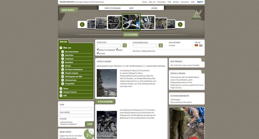Screenshot der Startseite des Onlineshops für die RECON Company