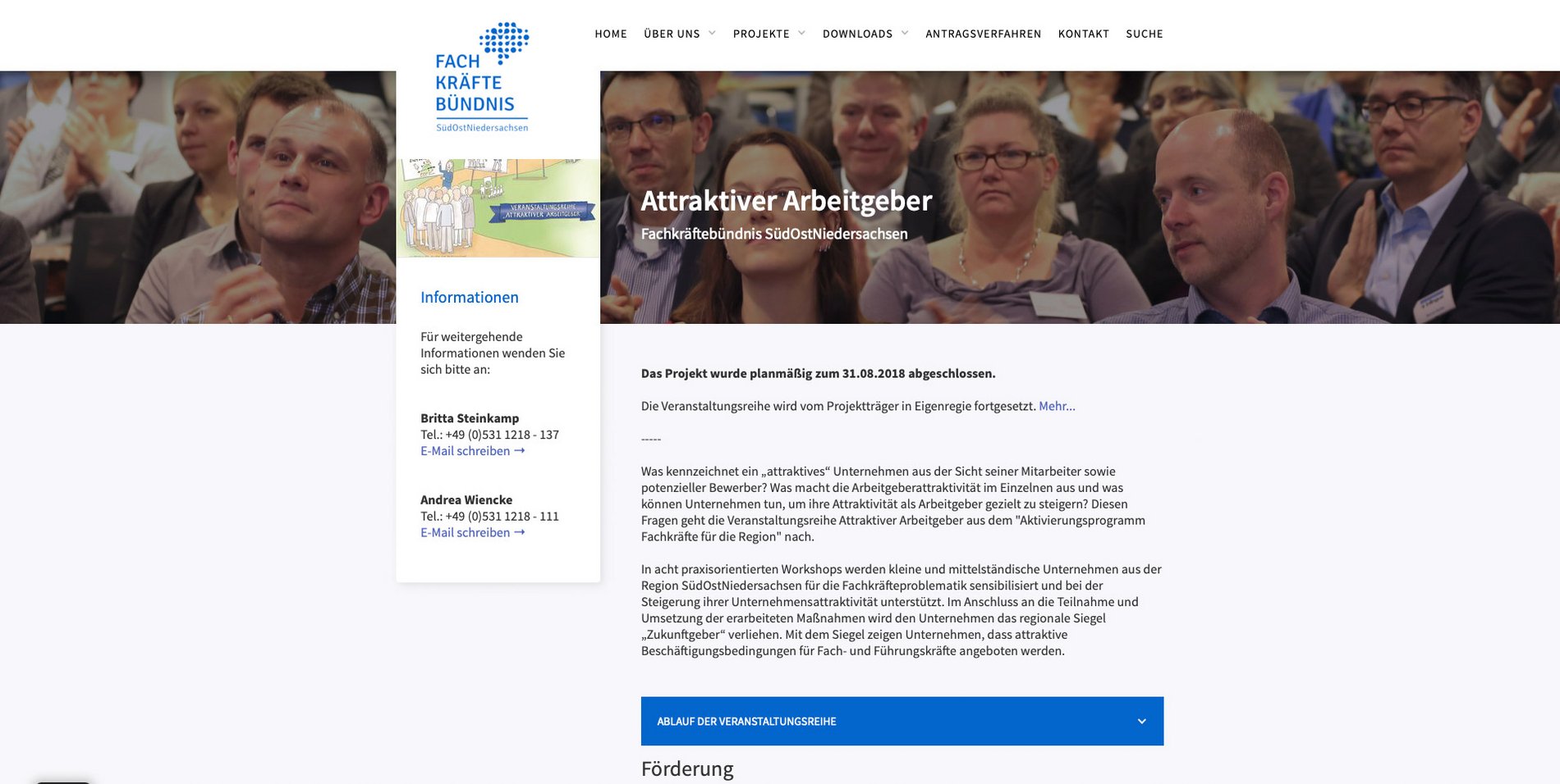 Screenshot einer Projektseite der Fachkräftebündnis SüdOstNiedersachsen Website.