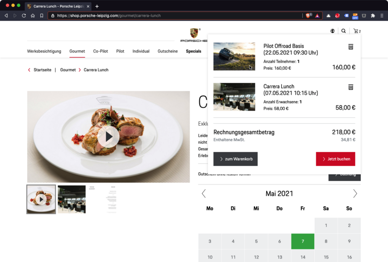 Screenshot der Buchungsseite mit geöffnetem Warenkorb Popover auf der Porsche Leipzig Website.