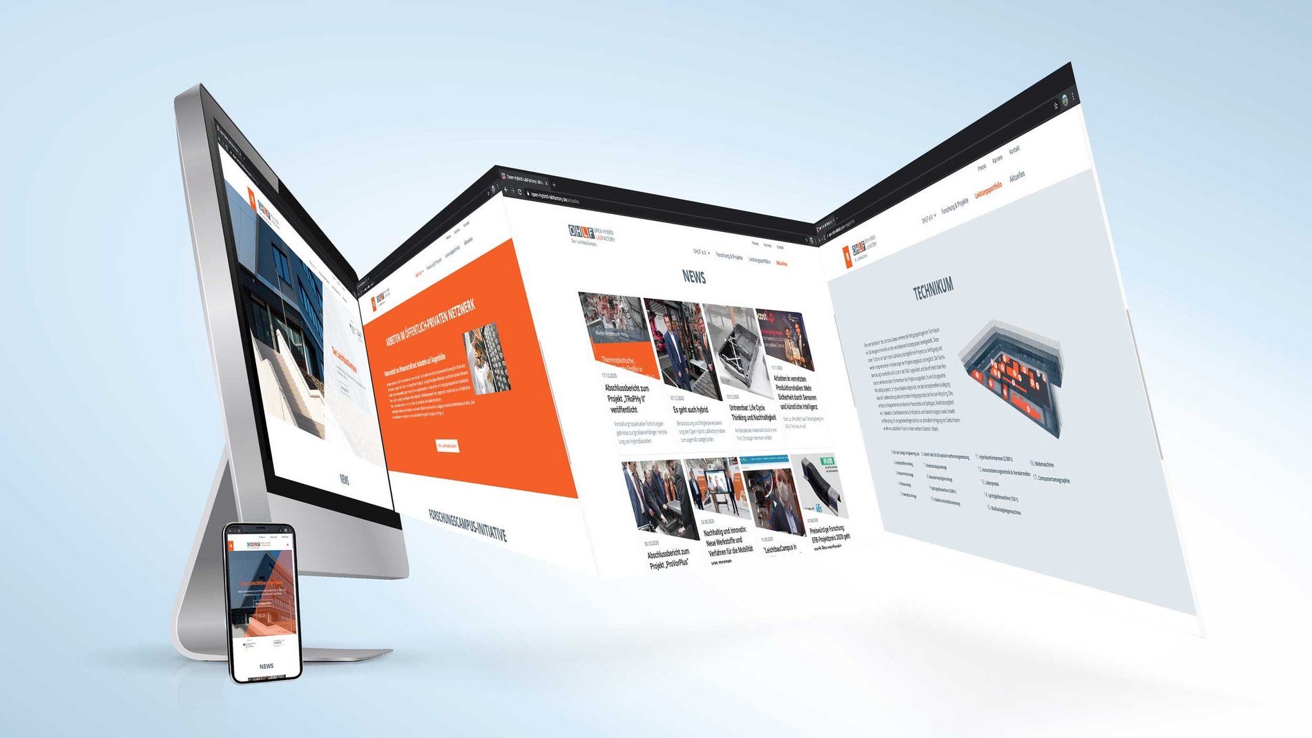 Ein Desktop-Computer und ein Smartphone, die beide verschiedene Seiten der Website der OHLF anzeigen, darunter die Startseite, einen Nachrichtenbereich und eine Detailseite. Die Webseiten werden künstlerisch vom Bildschirm nach außen erweitert.