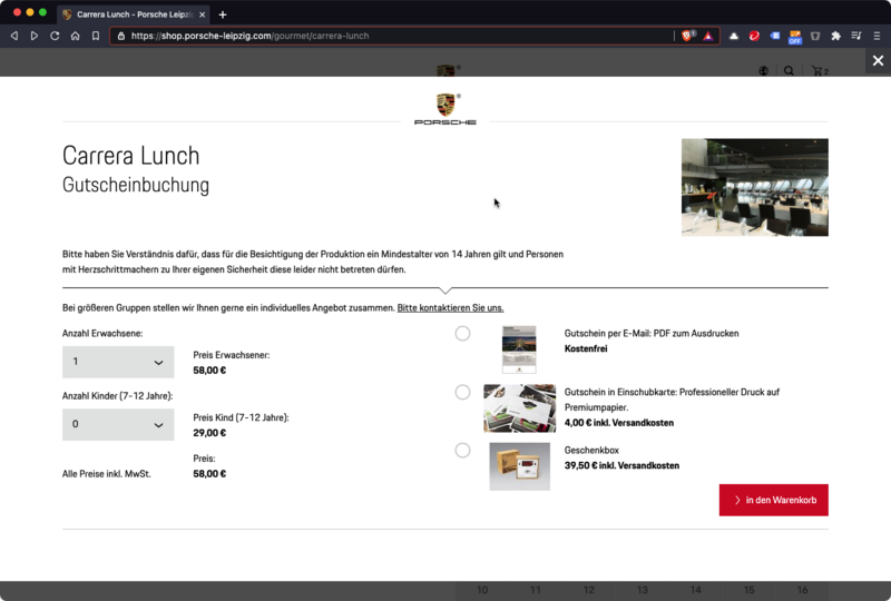 Screenshot der Gutschein-Buchung-Interaktion auf der Porsche Leipzig Website.