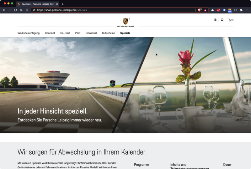 Screenshot der Highlightsseite auf der Porsche Leipzig Website.
