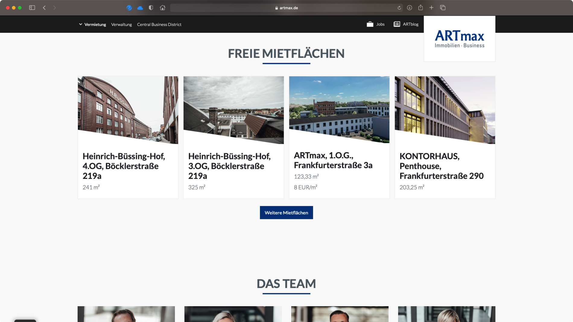 Screenshot der Mietflächenübersicht der Artmax Website.