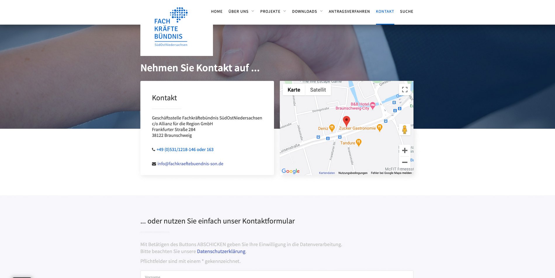Screenshot der Kontakt Seite der Fachkräftebündnis SüdOstNiedersachsen Website.
